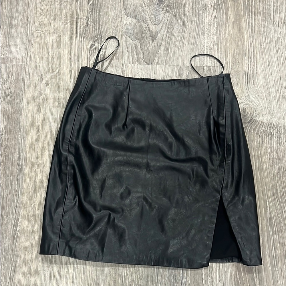 DO+BE Black Mini Pencil vegan Leather Skirt with Asymmetrical Slit for Night Out